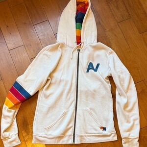 Aviator Nation Cream Hoodie with Rainbow Stripes